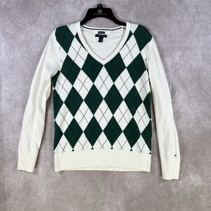 Tommy Hilfiger Sweater Women Large Green White Argyle V-Neck Preppy Classic